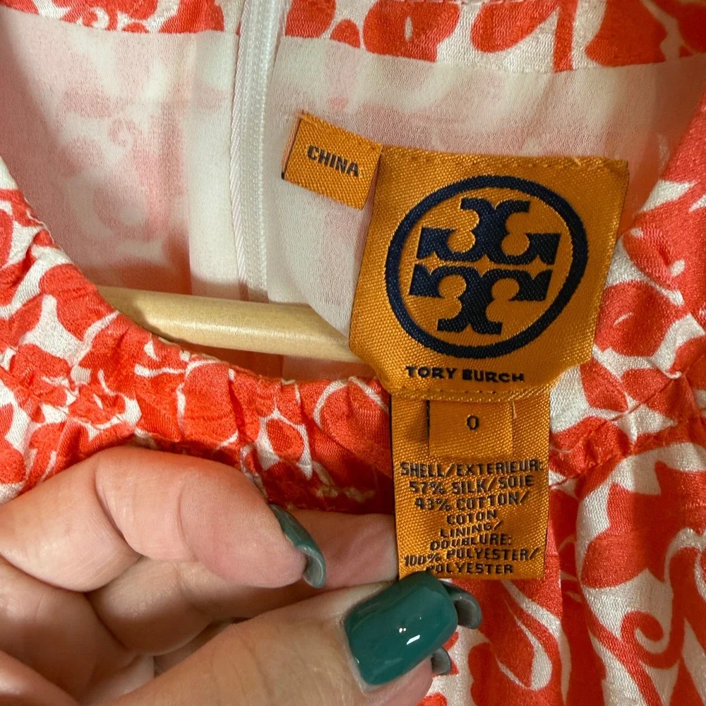 Tory Burch Orange White Floral Silk Cotton Sheath Dress Size 0 Sleeveless